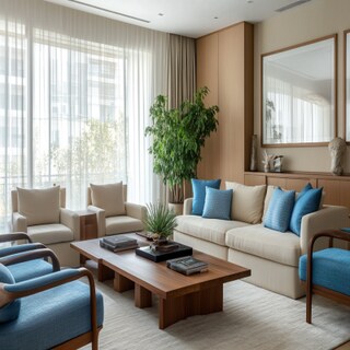 Modern Living Room Design with Blue and Beige Upholstery Furniture